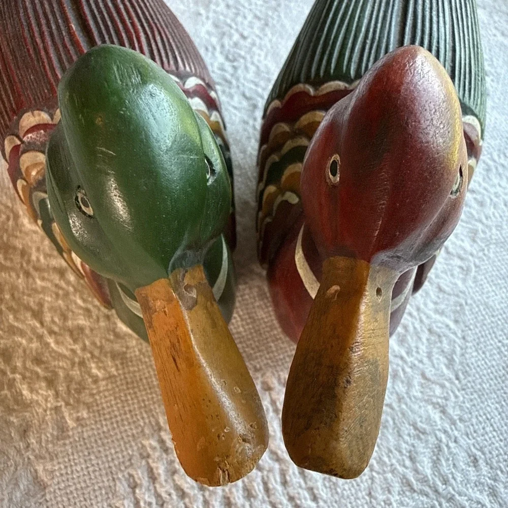 Vintage Decorative Wooden Duck Decoys. Mallard, Wood Duck Set of 2
